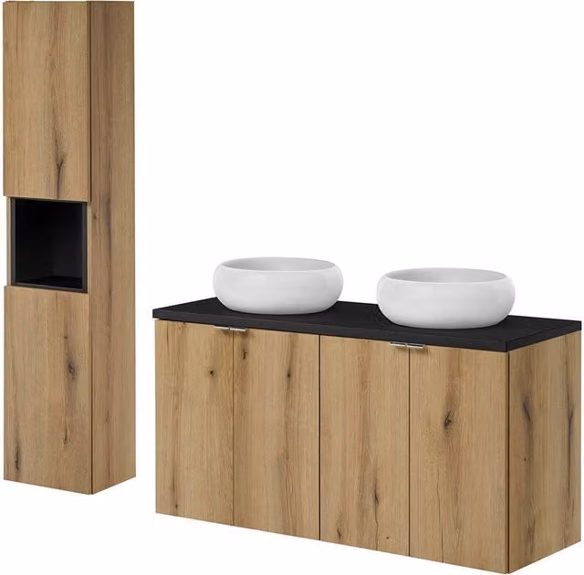 Set Pensile Newport da Bagno con Mobile a Colonna Mobile Sottolavabo 120x57x39 cm e 2 Lavabi in Ceramica - Effetto Rovere/Nero [en.casa]
