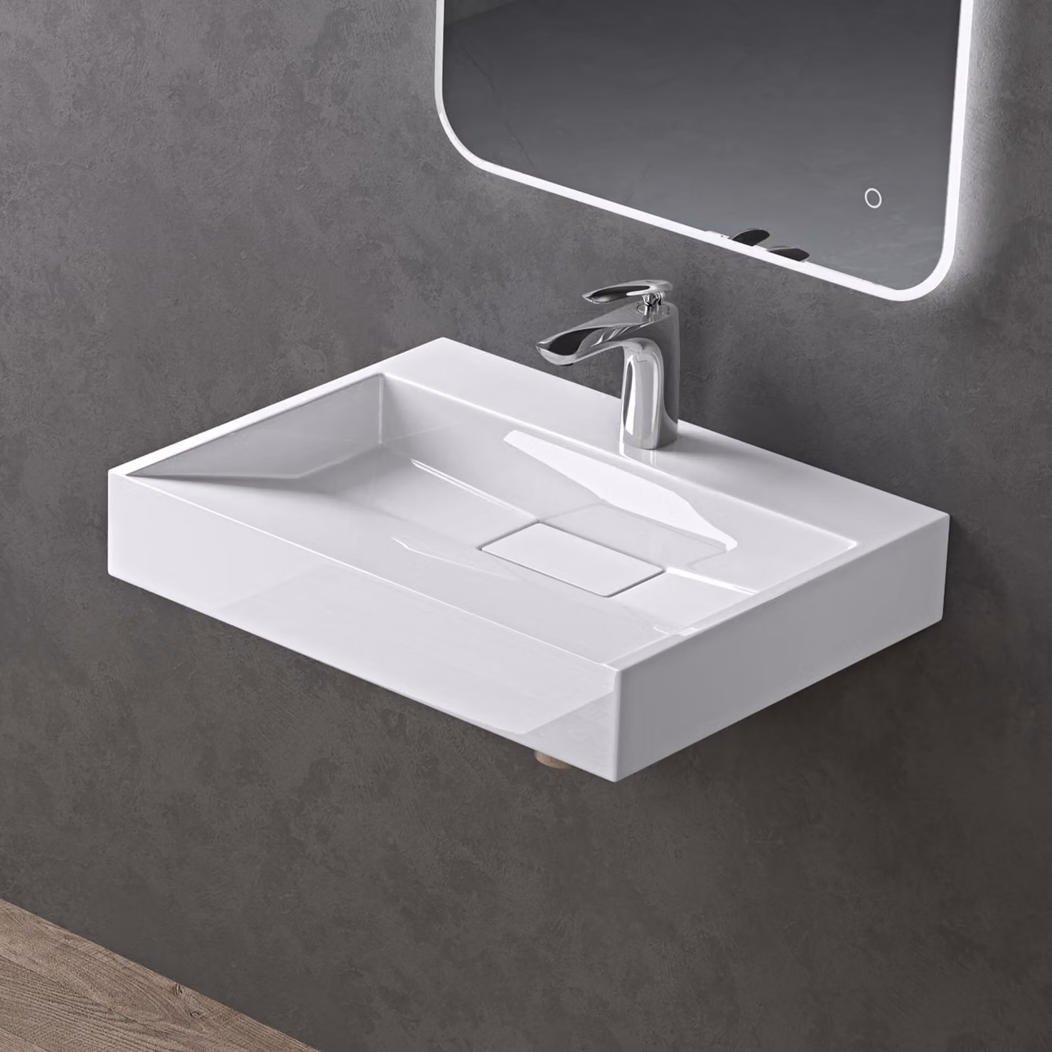 doporro Lavabo da Appoggio Bagno Sospeso Lavandino Rettangolare in Marmoresina con Piletta di Scarico Inclusa Colossum19, 50x38x11 cm Bianco Lucido Monoforo