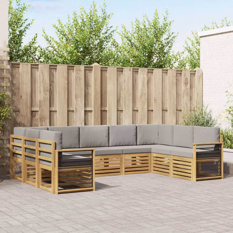vidaXL Set di divani da esterno a L in legno di acacia con cuscini, Bianco, Grigio e Marrone
