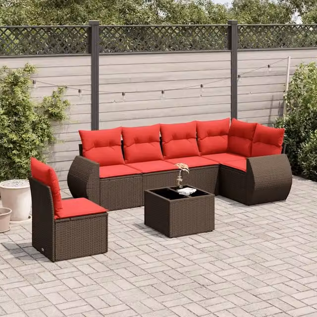Set Divani da Giardino 7 pz con Cuscini Marrone in Polyrattan 3221443