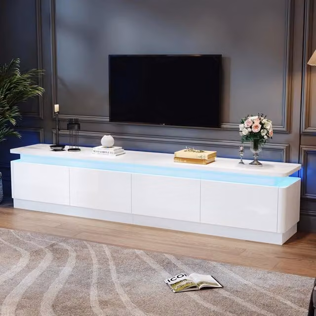 Mobile TV con 4 cassetti LED Bluetooth in truciolare bianco lucido per televisori fino a 75 pollici 180 × 34 × 40 cm