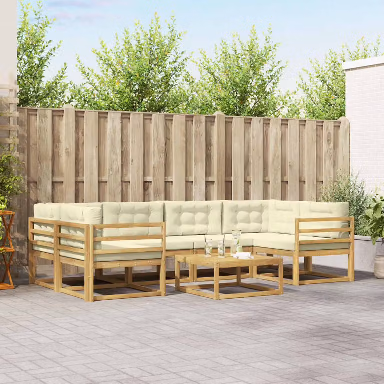 vidaXL Set di divani da esterno a L in legno di acacia con tavolo da caffè, colore bianco e beige