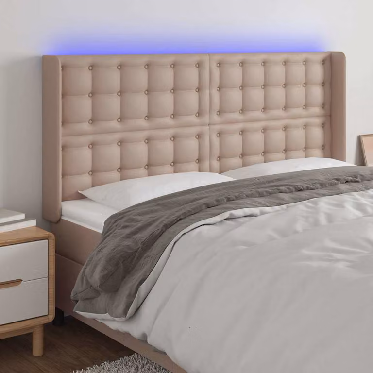 Testiera con LED e porta USB vidaXL in similpelle beige/marrone, L 147 cm x P 16 cm x H 118/128 cm