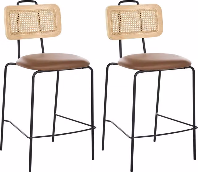 Set di 2 sedie da bar con seduta in ecopelle marrone schienale in rattan gambe in ferro senza braccioli cappucci protettivi design boho moderno