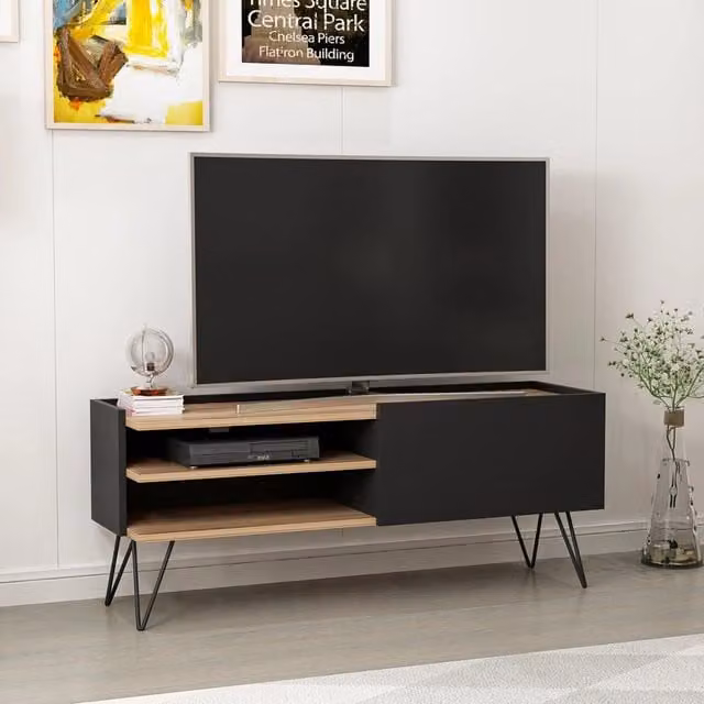 Mobile Porta TV Dronninglund en.casa con Scomparti e Anta a Ribalta, Nero, L: 124 cm, P: 37 cm, H: 50 cm