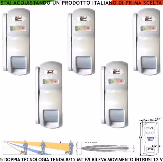 Set di 5 sensori di movimento Securvera con doppia tecnologia PIR e microonde, rilevamento anti-furto per esterno e interno, portata 8-12 m, colore bianco