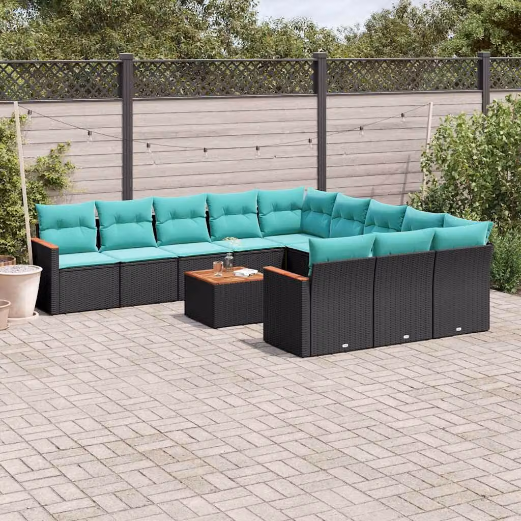 Set di divani da giardino vidaXL a forma di U composto da 12 pezzi in polyrattan nero con cuscini inclusi e tavolino da caffè