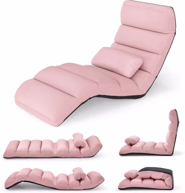 Poltrona pieghevole da terra regolabile in 5 posizioni con rivestimento in microfibra effetto camoscio e struttura in metallo, Rosa