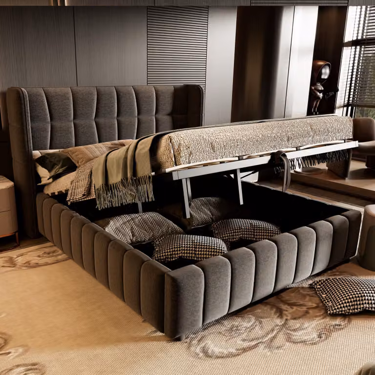 Letto imbottito LVHOM 180x200 cm con spazio contenitore idraulico, letto con testiera imbottita, letto matrimoniale in tessuto di lino, ideale per camere da letto, colore grigio