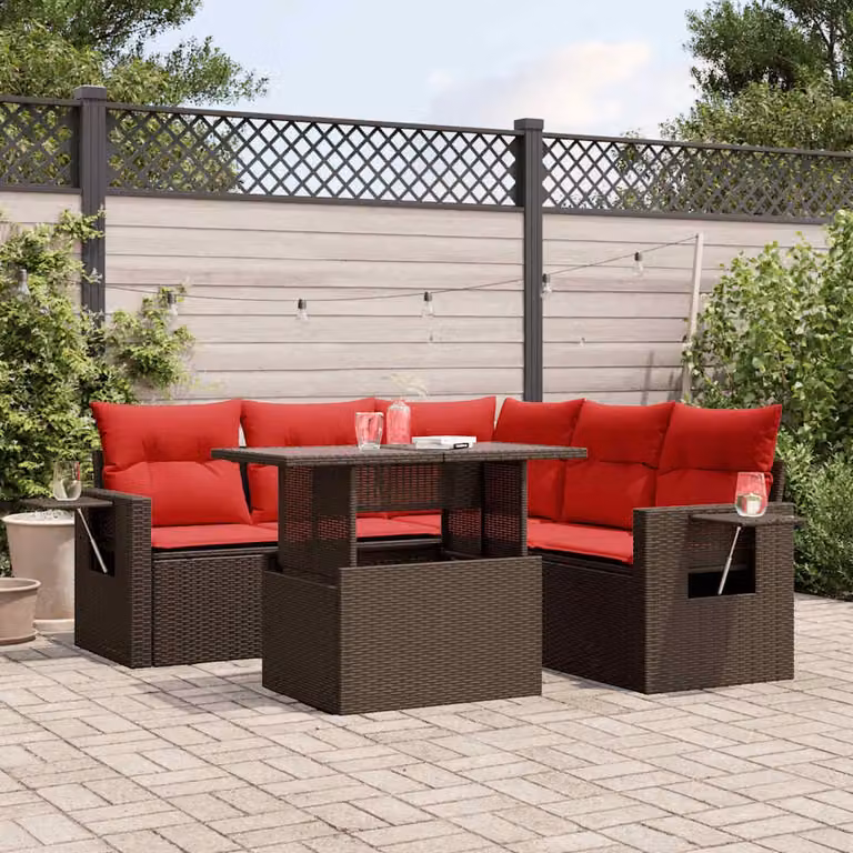 Set da giardino vidaXL 6 pezzi in rattan con cuscini marroni e tavolino, design moderno a L con struttura in metallo e sedute imbottite