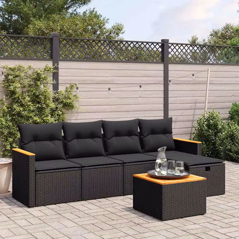 vidaXL Set Divano da Giardino a L 6 pz Nero con Cuscini e Tavolino in Polyrattan e Acciaio