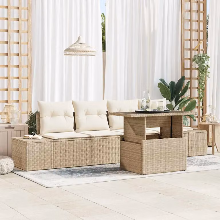 Set di divani da giardino vidaXL a forma di L con cuscini beige e bianco in rattan e metallo