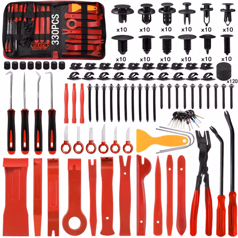Kit di strumenti per lo smontaggio di 330 pezzi, per interni auto - Colore: rosso