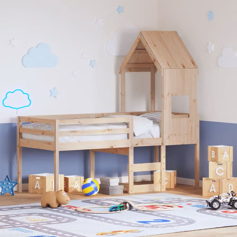 vidaXL Letto a Soppalco con Tetto in Legno Massello di Pino Marrone L/P/H: 190 x 90 x 195,5 cm