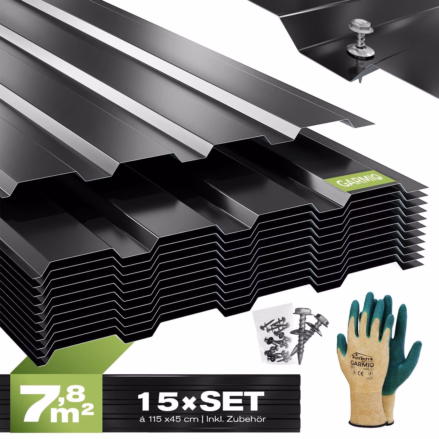 GARMIO® Lamiera profilata Lamiera trapezoidale Amalfi 115 Set da 15 pezzi Lamiera per tetto 115x45 cm, acciaio zincato nero