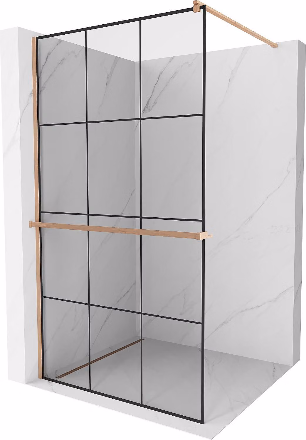 Mexen Kioto+ parete doccia con mensola Walk-in 110 x 200 cm, griglia nera, rame spazzolato - 800-110-121-65-77