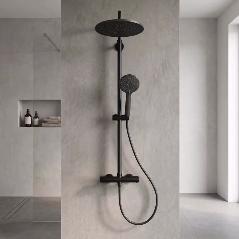 Sistema doccia con termostato - Set doccia a pioggia - Soffione rotondo da 25 cm - Doccetta manuale con 3 getti - Testina girevole a 360° - Barra regolabile in altezza - Protezione antiscottatura a 38°C - Acciaio inossidabile nero