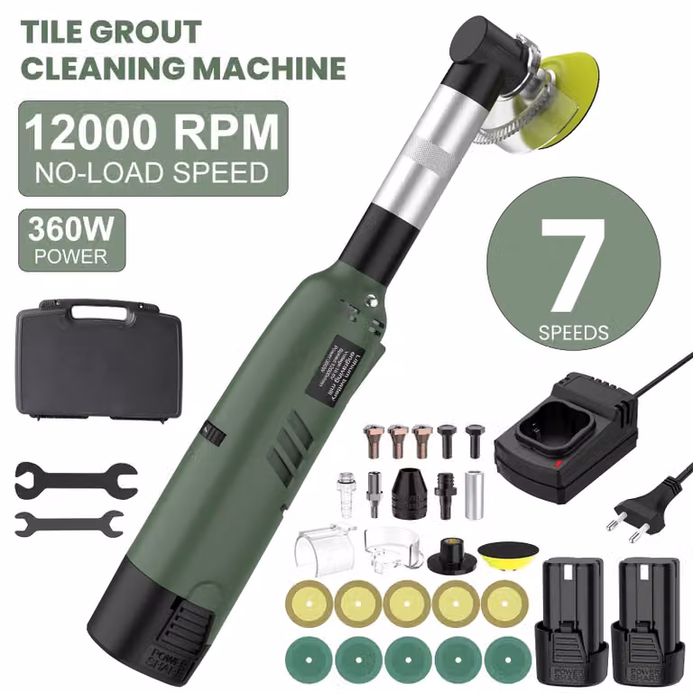 Dispositivo per la pulizia delle fughe delle piastrelle - Pulitore multifunzione senza fili - Angolo di 90° - 7 velocità - 12000 giri/min - 360 W - Batteria da 16,8 V inclusa - 1 set