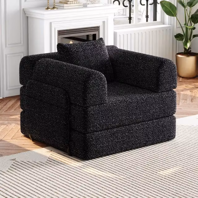 Poltrona letto 2 in 1 ULEVR in ciniglia nera con vano nell'bracciolo e struttura con tre telai in acciaio