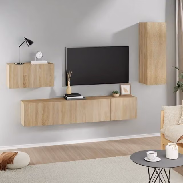 Set di mobili porta TV 4 pezzi vidaXL in legno color rovere beige con design moderno a parete – 1