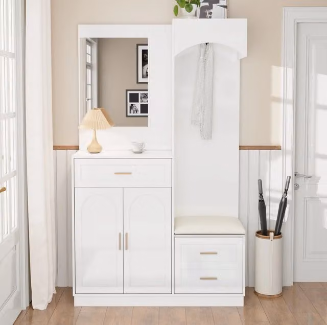 Mobile guardaroba da ingresso con scarpiera; specchio e panca; MDF bianco; 110 × 33 × 185;5 cm