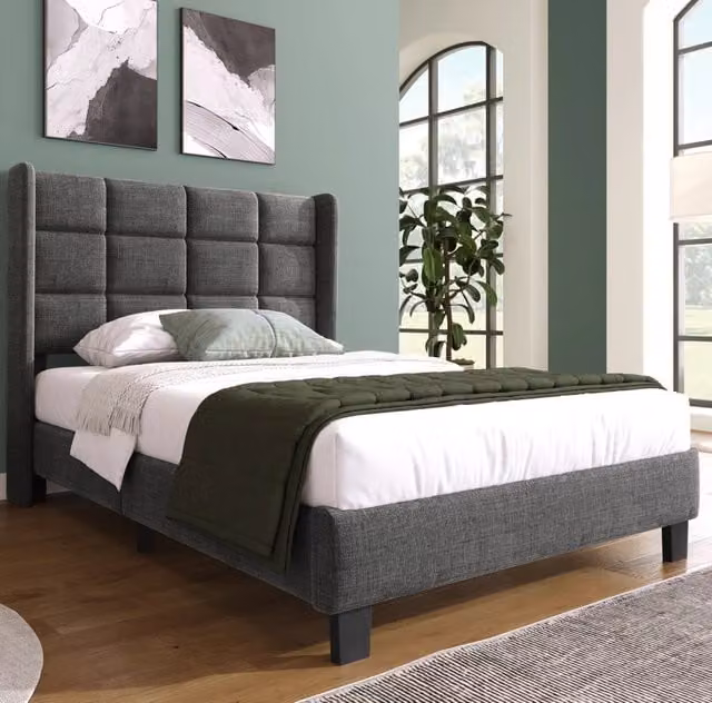 Letto Singolo Imbottito con Testiera in Lino Grigio 90x200 cm con Rete a Doghe