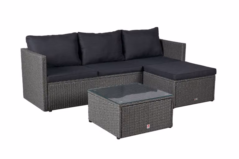 Set da giardino Manila Divano angolare con tavolo + pouf in polyrattan grigio misto