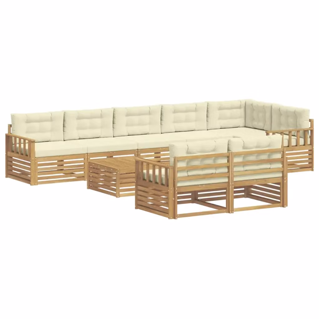 Set di divani da esterno a L con tavolino da giardino vidaXL, 9 pezzi in legno di acacia con cuscini bianchi e beige – 2