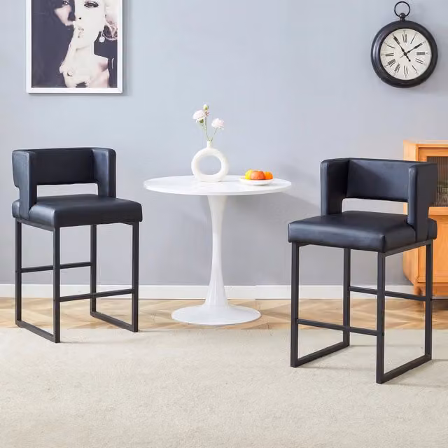 Sgabello da bar REDOM in stile scandinavo con struttura in metallo nero e seduta in ecopelle nera, Altezza: 91,4 cm – 1