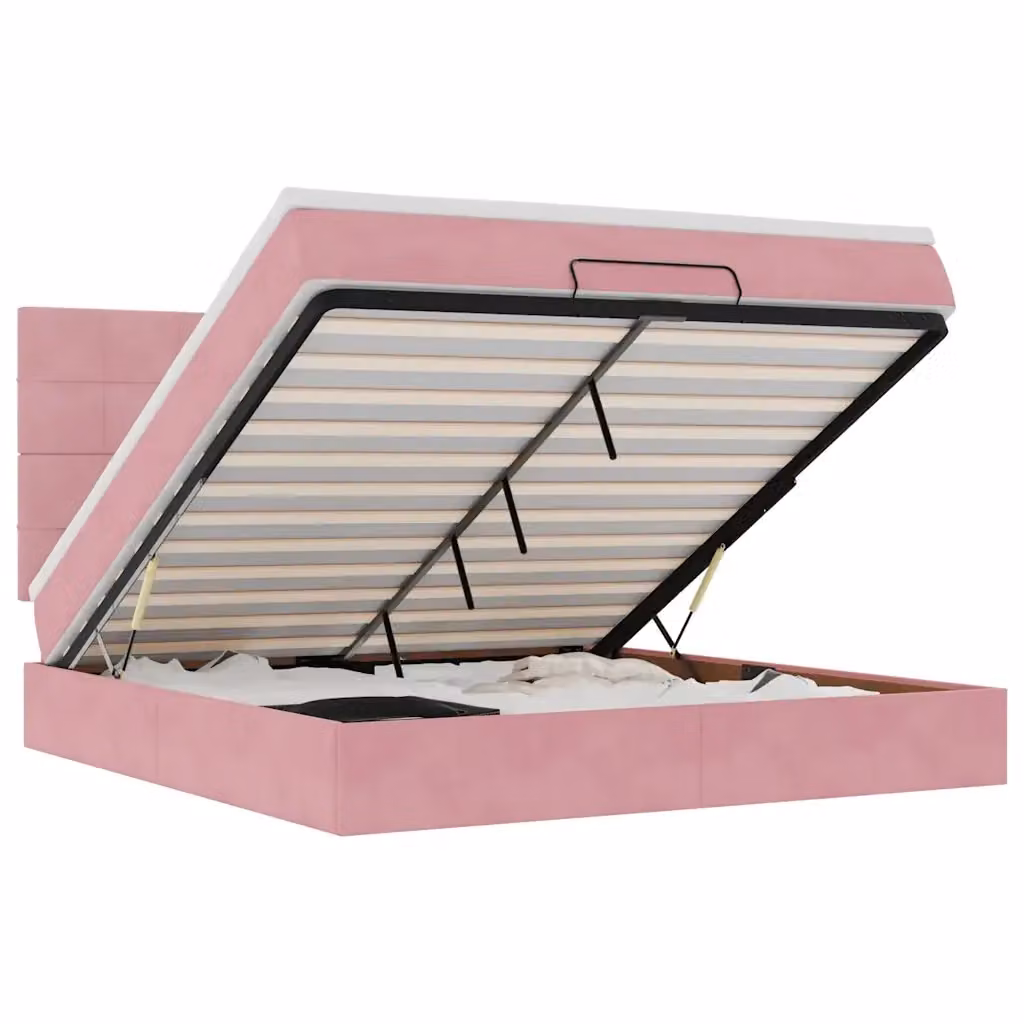 Letto con contenitore a sollevamento vidaXL in velluto rosa e bianco con illuminazione sottostante e porte USB L: 180 cm, P: 200 cm, H: 203 cm – 2