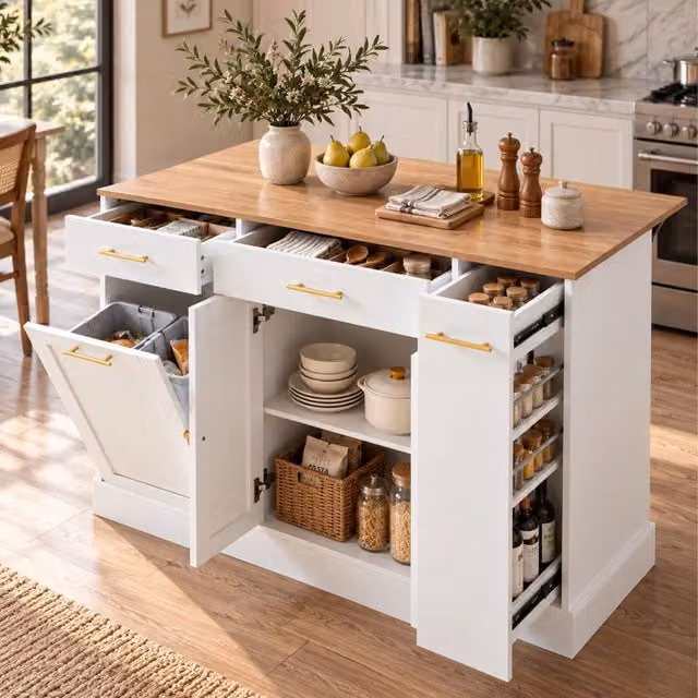 Isola cucina bianca con piano pieghevole 120 cm in pannello truciolare, 3 cassetti e vano portarifiuti