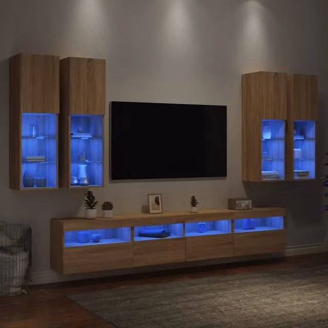 Set Mobili TV a Muro Moderno vidaXL in Legno Rovere Marrone con Luci LED e Compartimenti Media 7 Pezzi