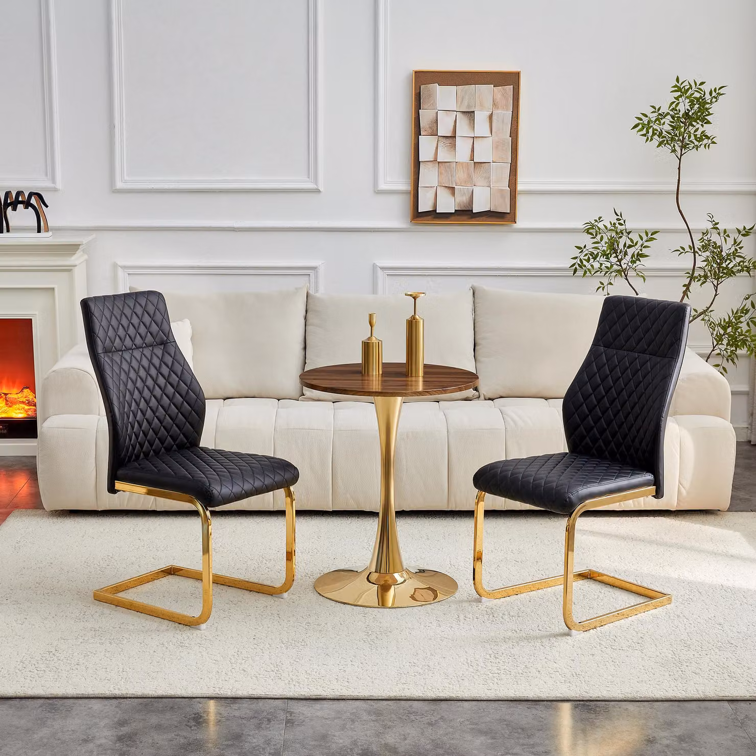 Set tavolo e sedie, tavolo rotondo da 60 cm, MDF, aspetto legno, 2 sedie con motivo a rombo (nero e oro, noce)