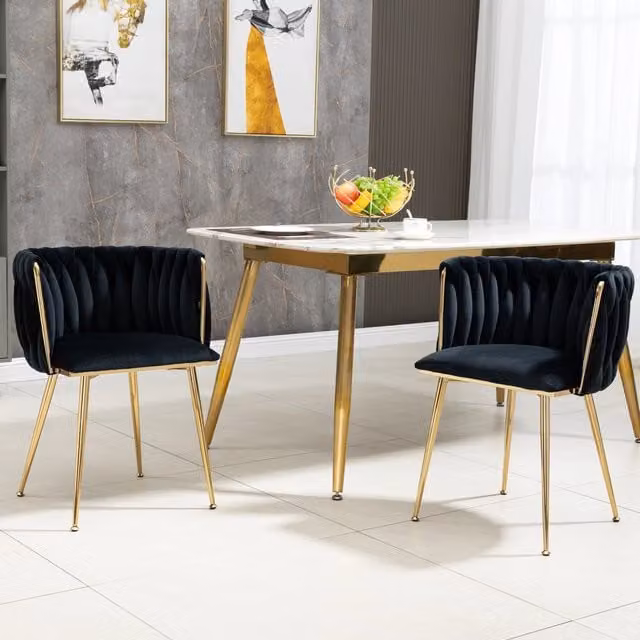 Sedia da pranzo OKWISH in velluto nero con schienale intrecciato e struttura in metallo, legno e MDF