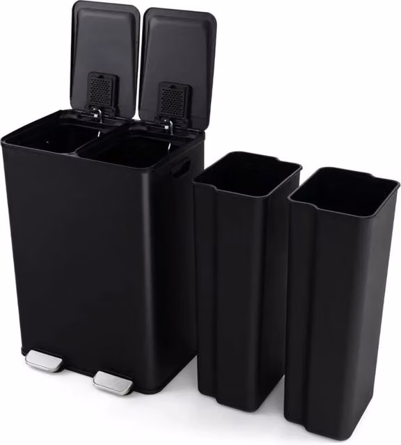 Bidone per la raccolta differenziata DESIGN IN con 2 scomparti da 30 L, Acciaio Inox e Plastica Nero, con Pedale e Chiusura Soft Close