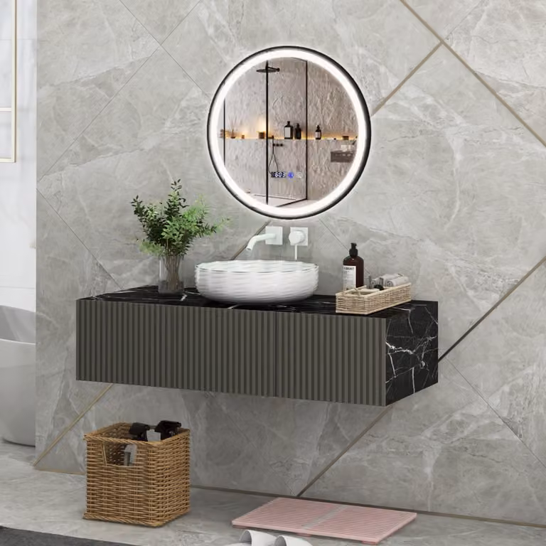 Specchio da bagno rotondo Costway nero con luce LED a 3 colori, funzione memoria e anti-appannamento, modello moderno a parete