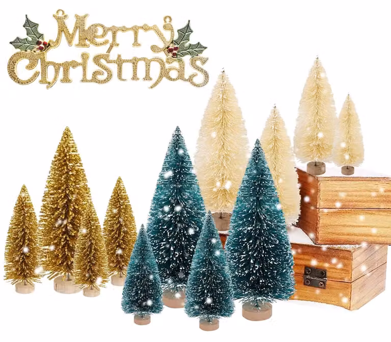 12 mini alberi di Natale, in sisal, con effetto neve, di diverse dimensioni, ideali per la decorazione della tavola
