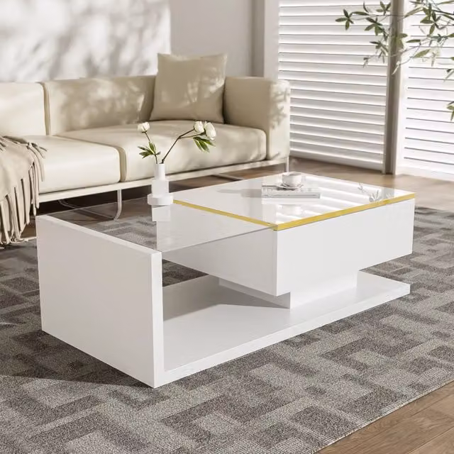 Tavolino da salotto con vano contenitore, ripiani aperti, LED e vetro temperato, bianco, 100 × 50 × 32.5 cm