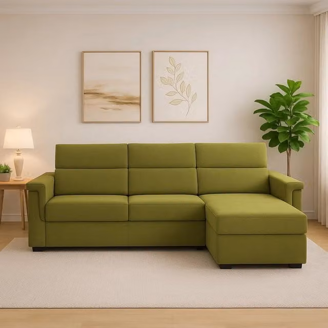 Divano angolare DMORA Cintano in tessuto verde con penisola reversibile e coperture rimovibili Made in Italy L/P/H: 285 x 160 x 45 cm
