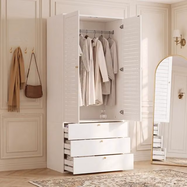 Armadio con 2 ante a lamelle, 3 cassetti e barra appendiabiti per camera da letto, in truciolare bianco, 90×50×200 cm