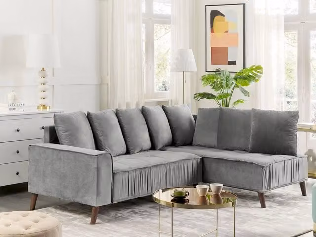 Divano ad angolo BELIANI in velluto grigio con cuscini e gambe in metallo e legno L 231 x P 152 x H 79 cm – 1