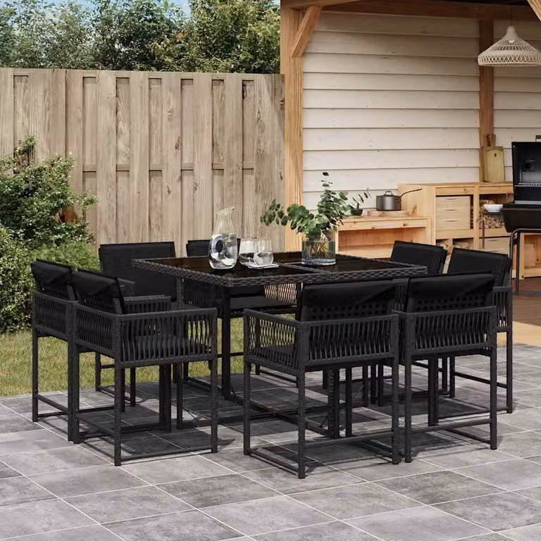 Set da pranzo da giardino vidaXL in polyrattan nero con cuscini e tavolo in vetro 9 pz