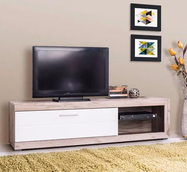 Mobile Porta TV Pompu DMORA in Legno e Vetro, Bianco e Crema, L 162 cm x P 42 cm x H 44 cm – 1