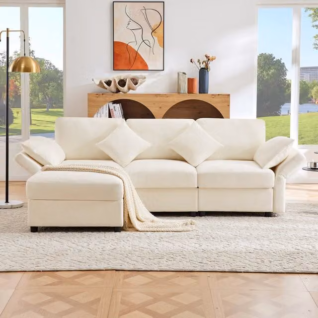 Divano angolare MIVRAY beige con pouf, reversibile e moderno, dotato di poggiatesta regolabile e coperture rimovibili, L/P/H: 218 x 156,5 x 86 cm