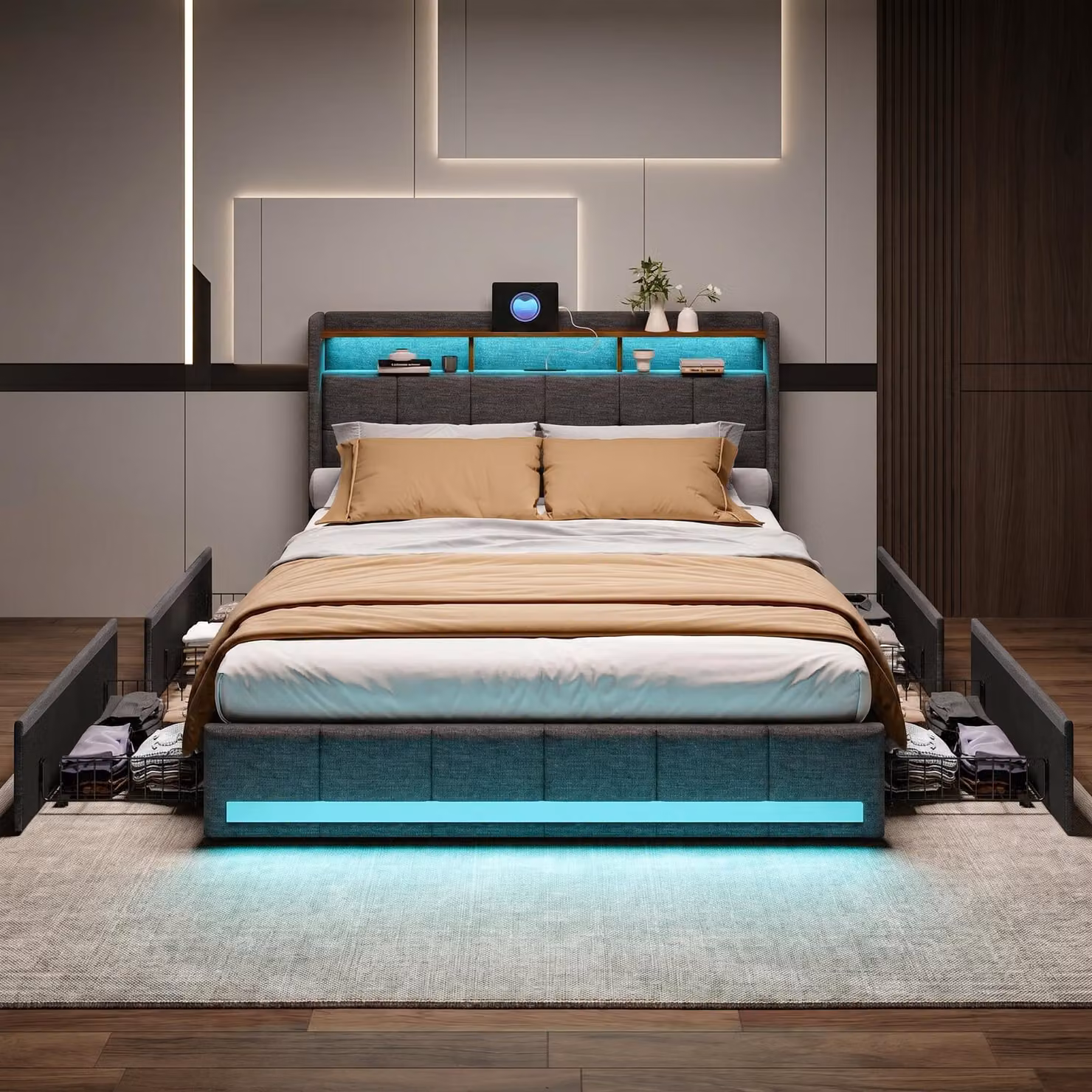 INONEFT Letto imbottito "Bett" 140x200 cm con funzione di ricarica USB, letto per ragazzi/coppie con rete a doghe e 4 cassetti, letto contenitore con LED, tessuto in lino, colore grigio