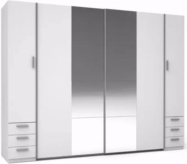 Armadio moderno Meublorama con 4 ante, specchio e cassetti integrati, Bianco, L: 264 cm, P: 55 cm, H: 208 cm – 1