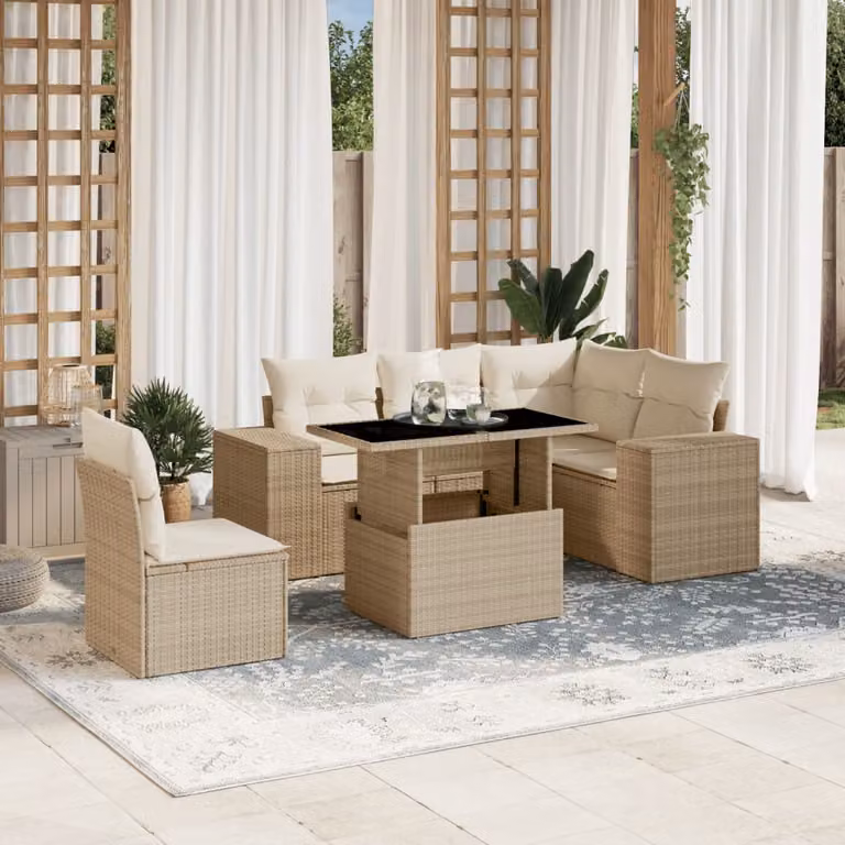 Set Divano da Giardino vidaXL 6 pz in Polyrattan Beige con Cuscini e Tavolino