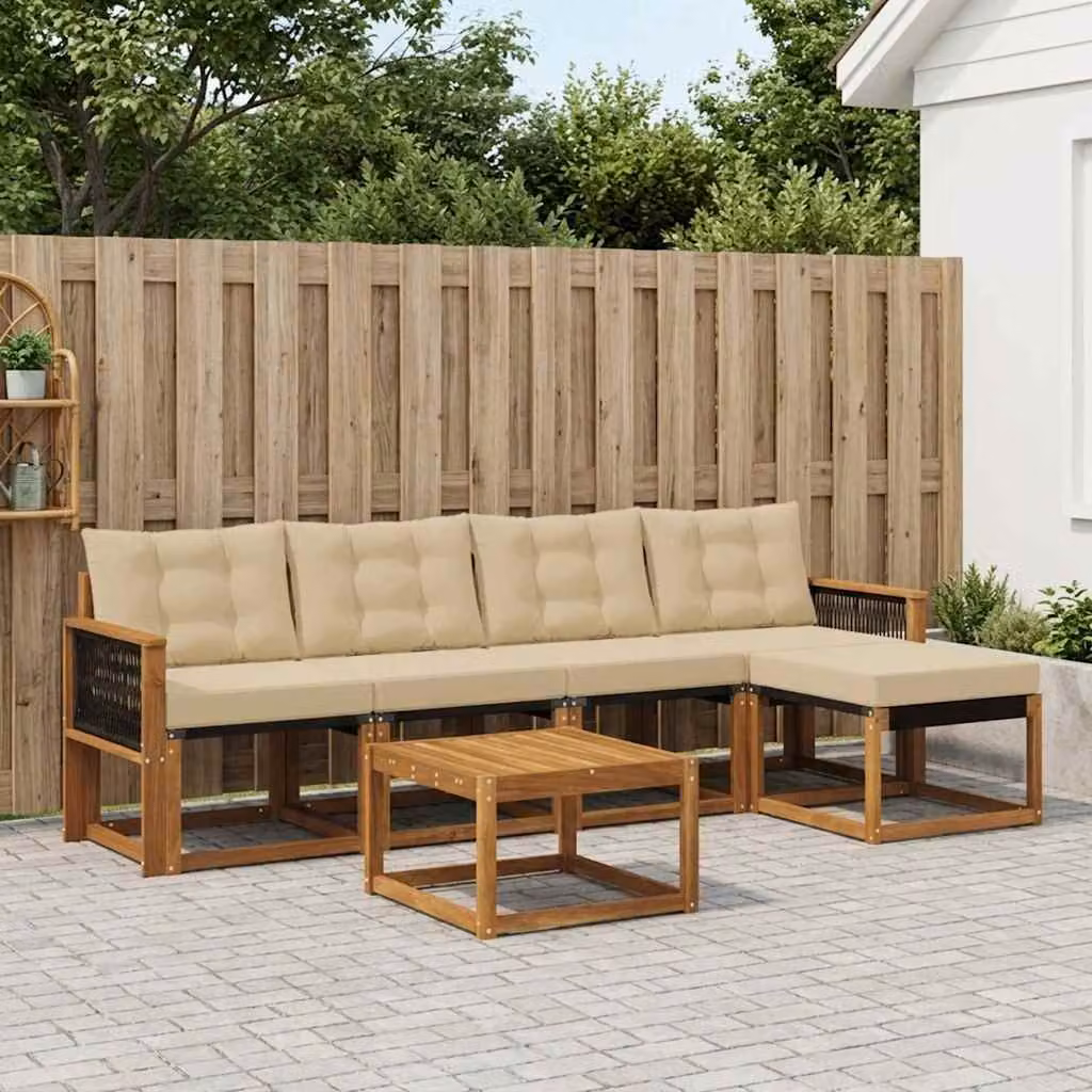 Set di divani da esterno vidaXL 6 pz a forma di L in legno di acacia con tavolino e pouf, colore marrone e beige