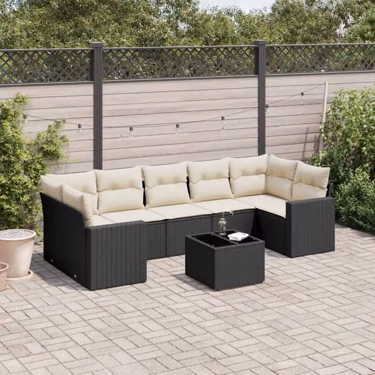 vidaXL Set Divani da Giardino a L con Cuscini 8 pz Nero e Bianco in Polyrattan con Tavolino da Esterno
