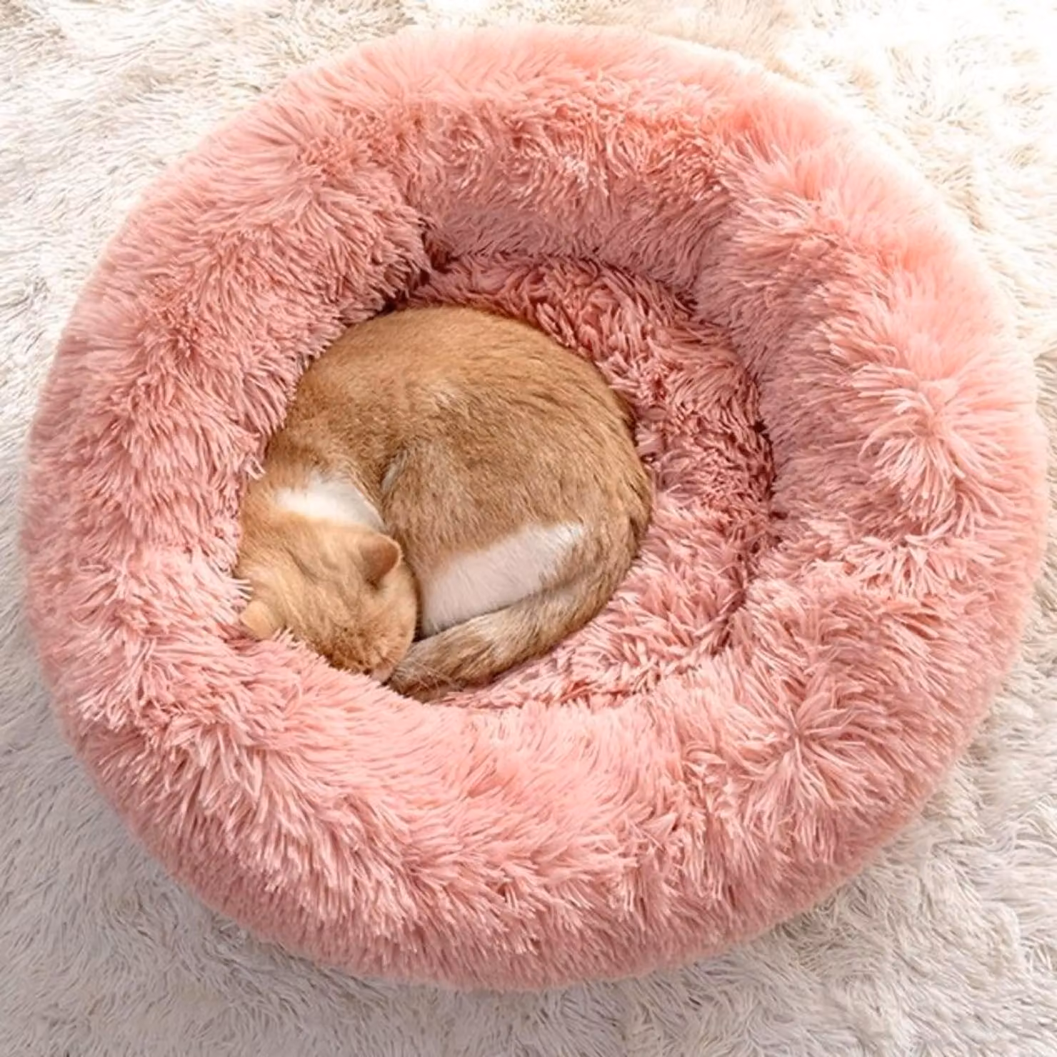 Cuccia per cani, cuccia per gatti, lavabile, morbida, in peluche, a forma di ciambella, rosa, 70 cm